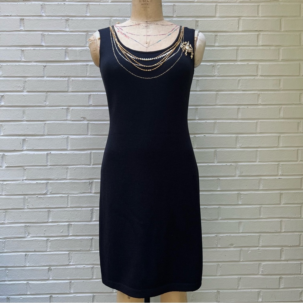 St. John Evening black cocktail dress with sewn in jewelry.